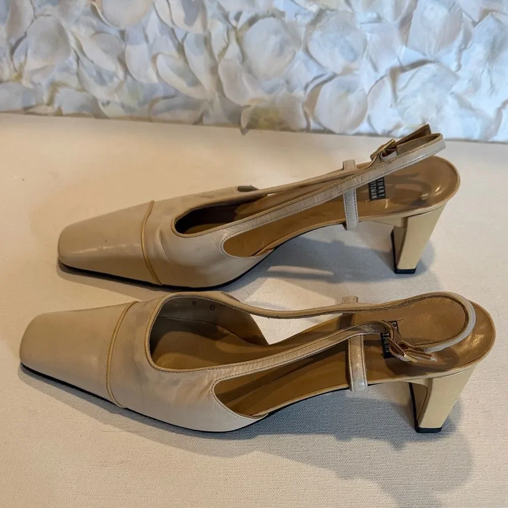 Stuart Weitzman Beige Square-Toe Slingback Pumps